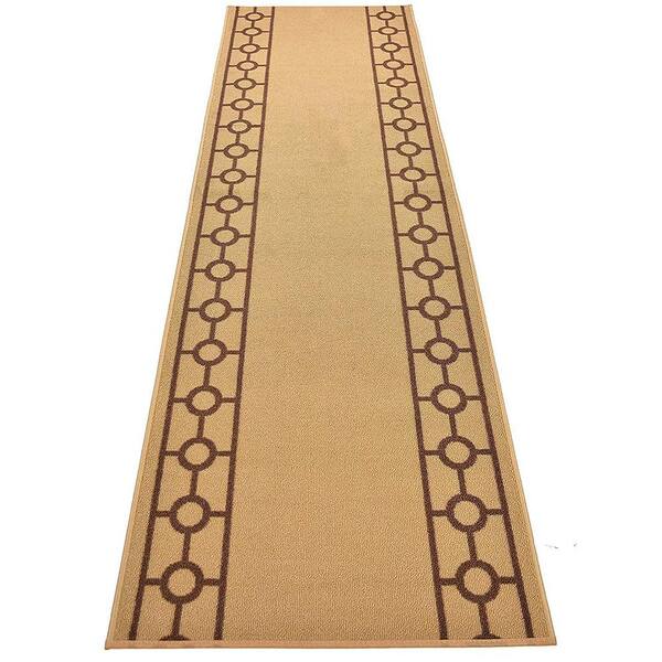 RugStylesOnline Chain Border Custom Size Beige 120 in. x 32 in. Indoor Stair Tread Cover Matching Runner Slip Resistant Backing(1-Piece)