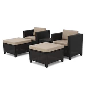 5-Piece Faux Rattan Patio Conversation Set with Beige Cushions