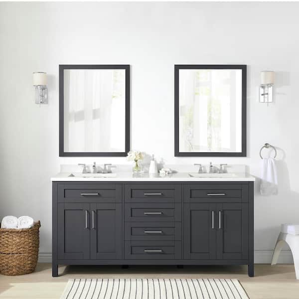 OVE Decors Tahoe 72 in. W x 21 in. D x 34 in. H Double Sink Vanity in Dark Charcoal with White Engineered Stone Top, Mirrors & USB