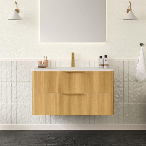 36 in. Single Sink Floating Light Oak Bath Vanity with Carrara White Sintered Stone Top