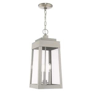 Vaughn 19.75 in. 3 Light Brushed Nickel Dimmble Outdoor Pendant Light with Clear Glass and No Bulbs Included