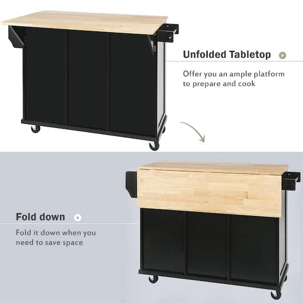 Cesicia Black Rubberwood Drop-Leaf Countertop 53.1 in. Kitchen Island Cart with Cabinet Door Internal Storage Racks and 3-Drawer