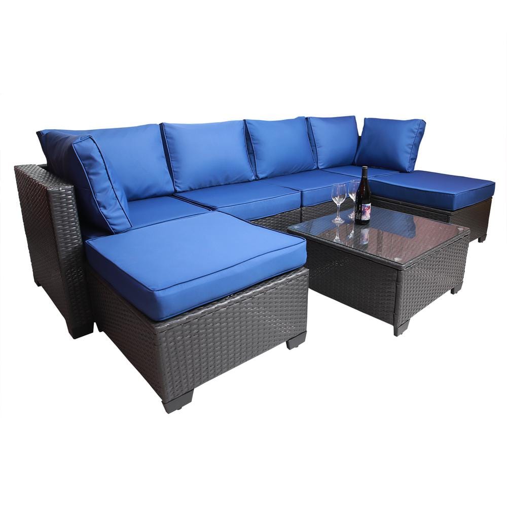 Black 7-Piece Rattan Wicker Outdoor Sectional Set Patio Sofa Set with Blue 