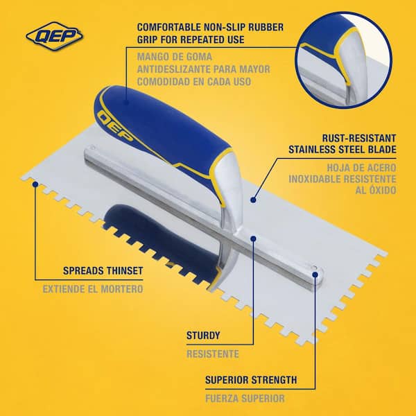 11 in. L x 4.5 in. W Steel Blade 1/4 in. x 1/4 in. x 1/4 in. Square-Notched Tile Flooring Trowel with Comfort Grip