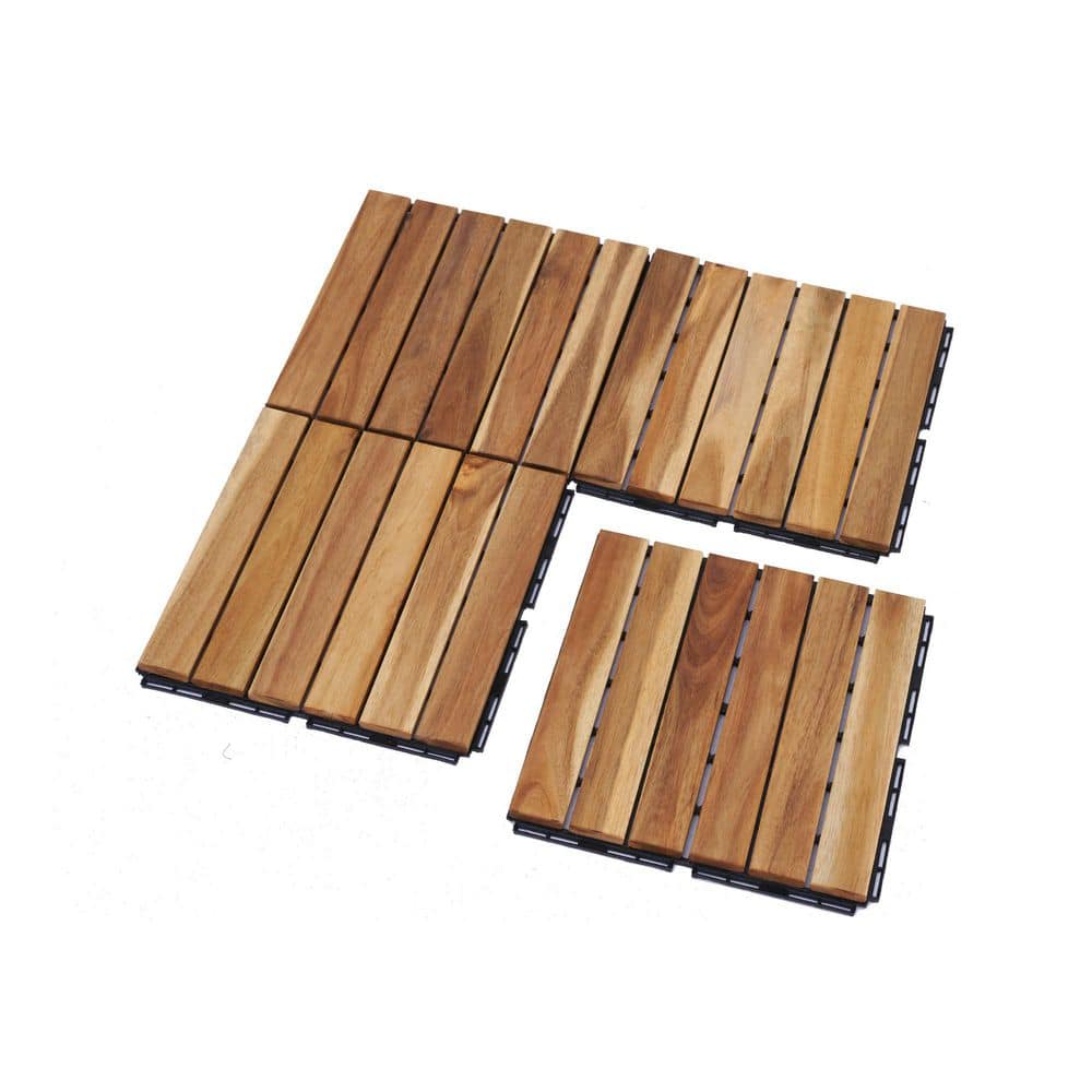 30 PCS 12 in. Yellow Acacia Wood Interlocking Deck Tiles Hardwood with Stri