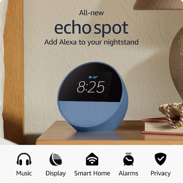 Amazon Echo Spot Smart Alarm Clock with Vibrant Sound Plus Alexa