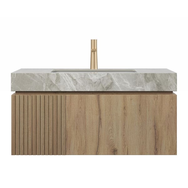 36 in. Single Sink Freestanding White Oak Bath Vanity with Light Gray Sintered Stone Top