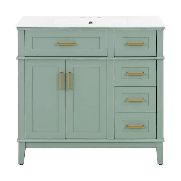 36 in. Freestanding Green Bath Vanity with White Ceramic Top Sink and 4 Drawers