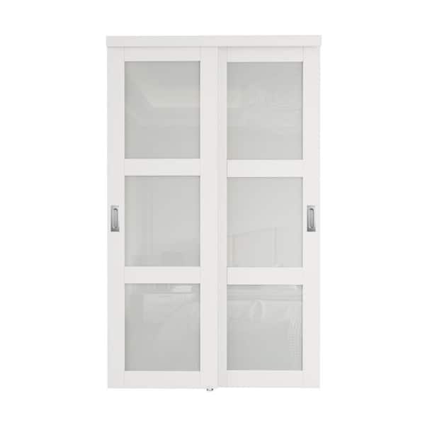 ARK DESIGN 48 in. x 80 in. 3-Lite Frosted Glass White Finished MDF Interior Closet Sliding Door with Hardware and Sliver Handles