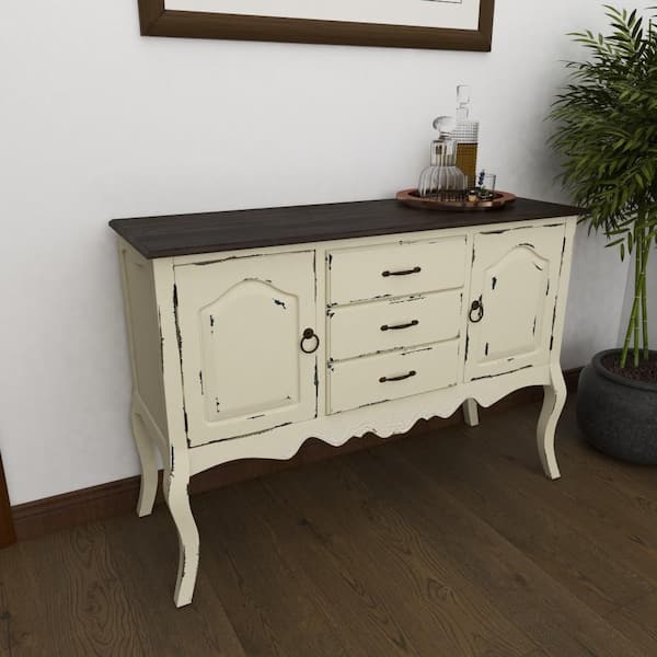 white buffet table with wood top