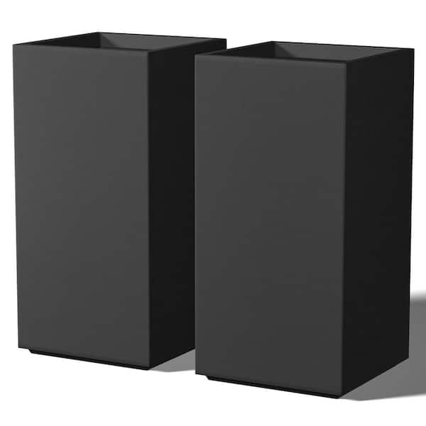 Modern 24.5in. High Large Tall Tapered Square Charcoal Black Outdoor Cement Planter Plant Pots Set of 2
