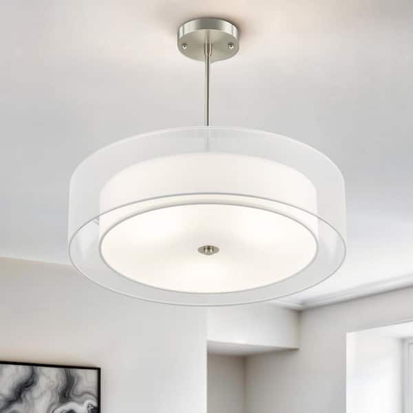 3-Light Brushed Nickel Double Drum Pendant with Outer Organza Shade