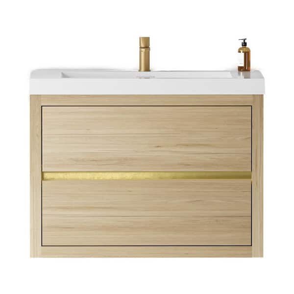 29.53 in. W x 19.69 in. D x 22.44 in. H Wall-Mounted Bath Vanity in Oak Natural Wood with White Resin Top