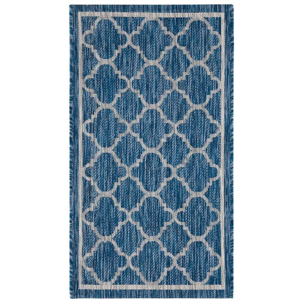Courtyard Navy/Gray 2 ft. x 4 ft. Border Quatrefoil Indoor/Outdoor Area Rug