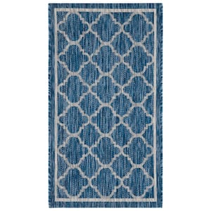 Courtyard Navy/Gray 3 ft. x 5 ft. Border Quatrefoil Indoor/Outdoor Area Rug