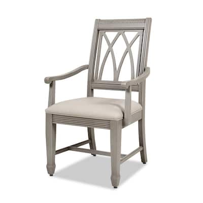 Dauphin X-Back Upholstered Dining Arm Chair, Cream White Top Grain Leather and Cashmere Gray Wood