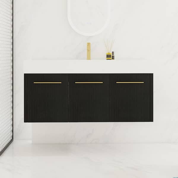 48 in. Single Sink Floating Black Bath Vanity with White Resin Top, Ample Storage Space, 3 Doors