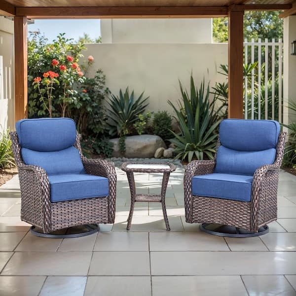 Arcadia Brown 3-Piece Wicker Swivel Rocker Patio Conversation Set with 6 in. Thick Navy Blue Cushions and Side Table