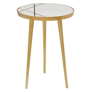15 in. Gold Medium Round Marble End Accent Table with Marble Top with Gold Inlay