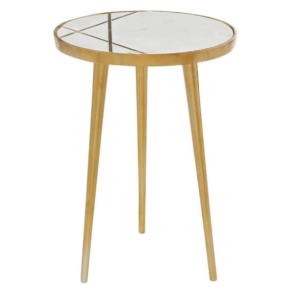 Litton Lane 15 in. Gold Medium Round Marble End Accent Table with Marble Top with Gold Inlay