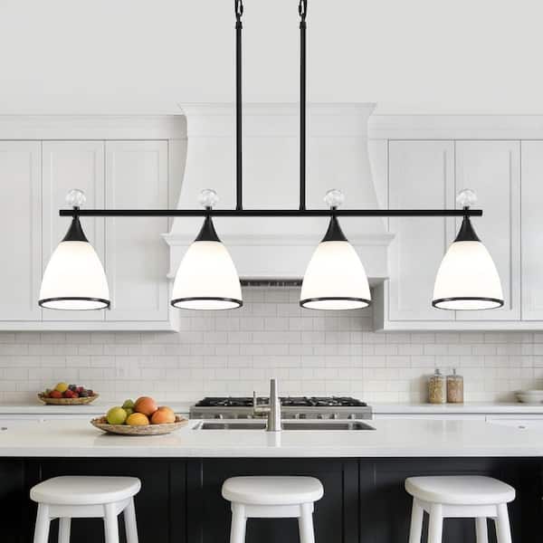 4-Light Black Modern Linear Kitchen Island Pendant with White Glass Shades