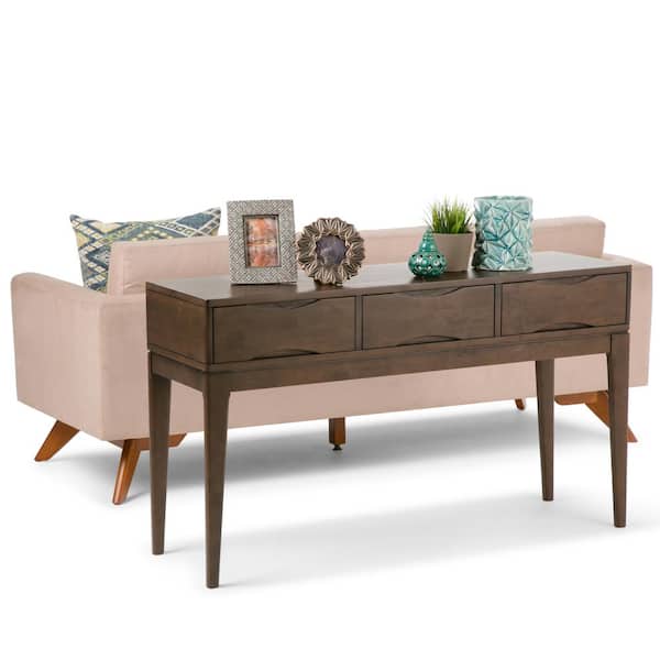 Simpli Home Harper Solid Hardwood 54 in. Wide Mid-Century Modern Console Sofa Table in Walnut Brown