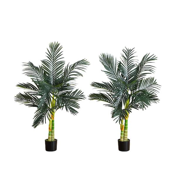 Nearly Natural 4 ft. Artificial Double Stalk Golden Cane Palm Tree in Pot, (Set of 2)