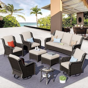 Grinnell Brown 8-Piece Wicker Outdoor Patio Conversation Sofa Set with Swivel Rocking Chairs and Beige Cushions