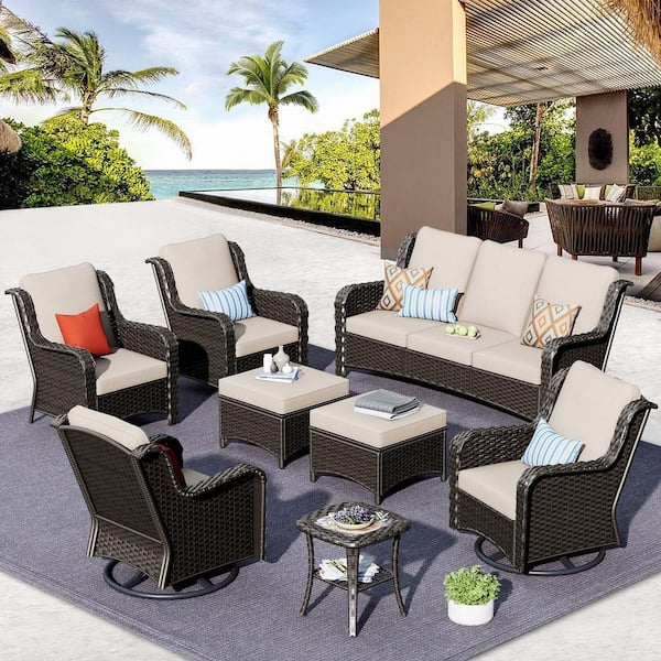 HOOOWOOO Grinnell Brown 8-Piece Wicker Outdoor Patio Conversation Sofa Set with Swivel Rocking Chairs and Beige Cushions