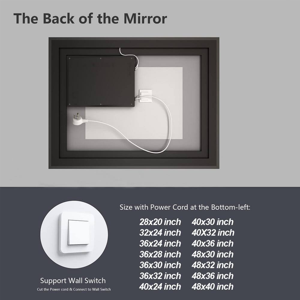 40x32 Black Framed LED Vanity Mirror with Anti-Fog Tempered Glass
