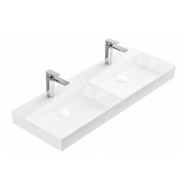 WS Bath Collections Energy 120 Wall Mount or Vessel Rectangular Bathroom Sink in Glossy White with Single Faucet Hole