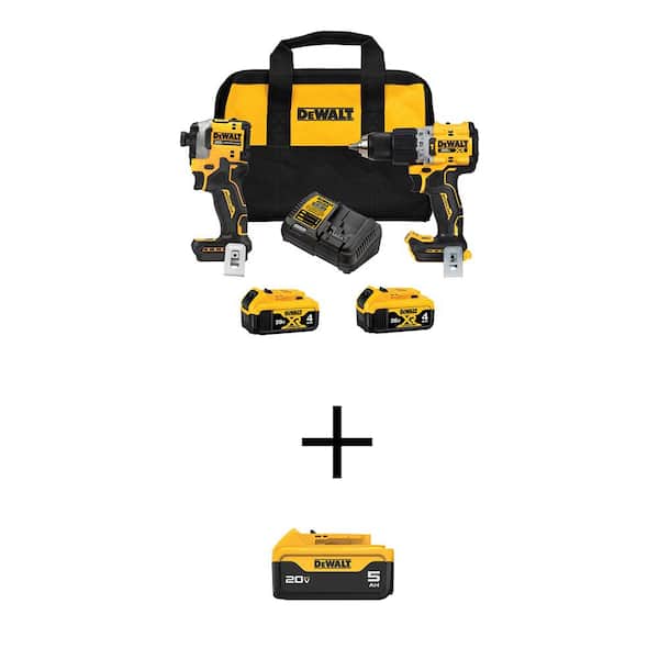 DEWALT 20V MAX Cordless Hammer Drill and ATOMIC Impact Driver 2 Tool Combo Kit w/(2) 4Ah and (1) 5Ah Batteries Charger and Bag