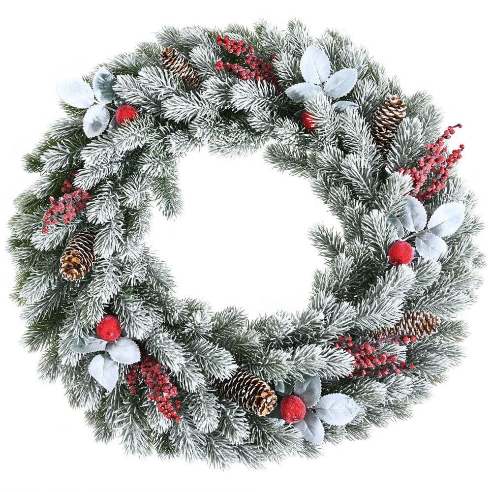 ANGELES HOME 24 in. Artificial White Unlit Flocked Christmas Wreath with Red  Berries and Pinecones M23-8CM726 - The Home Depot