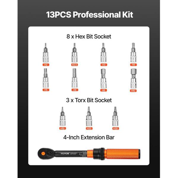 Click Torque Wrench Set, 1/4 in. Drive, 20-200lbf-in /2.3-22. 6N. m, Dual-direction and Dual Range Scales, 72-Tooth