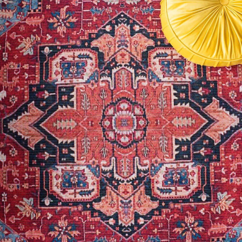 Red and Blue Machine Washable Oriental Area Rug