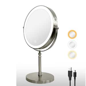 8 in. W x 8 in. H Round Magnifying Lighted Tabletop Mirror with Built-In Battery and Type-C in Nickel