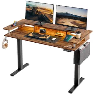 58 in. Rectangular Rustic Brown Wood Sit to Stand Desk with Monitor Stand and Cup Holder
