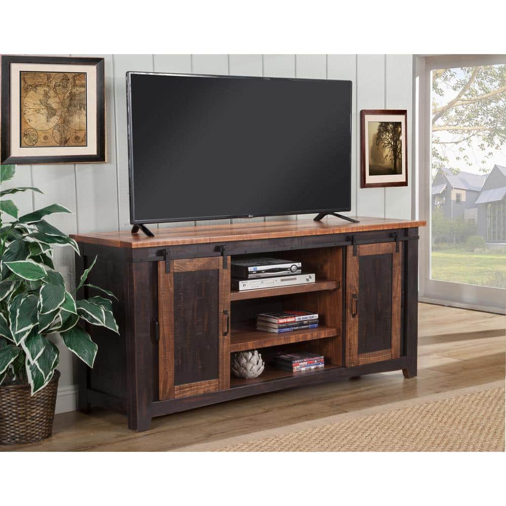 Rustic Antique Black and Distressed Pine 65" TV Stand with Sliding Barn Doors