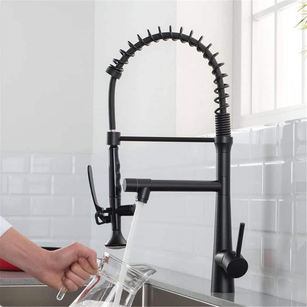 Commercial Kitchen Faucet with Sprayer 1 Handle Pull Down Kitchen Sink Faucets Single hole Spring Brass Taps Matte Black -  FLG, CC-0033-MB