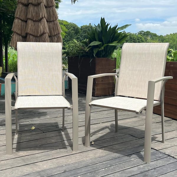 Cream Weather-Resistant Metal Frame Outdoor Dining Chair in Cream Set of 2