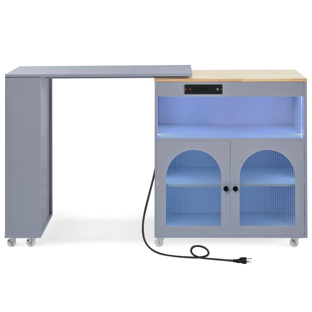 Grey Blue Rubber Wood Kitchen Cart with Extended Table, LED Lights, 2-Flute