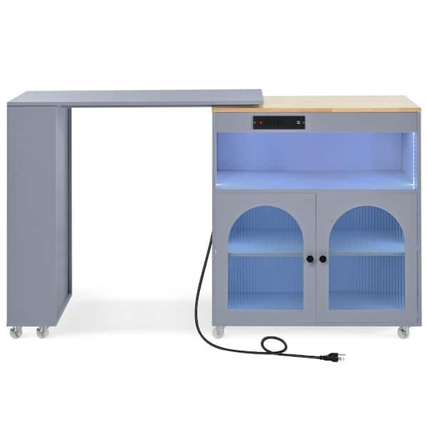 Unbranded Grey Blue Rubber Wood Kitchen Cart with Extended Table, LED Lights, 2-Fluted Glass Doors and Power Outlets