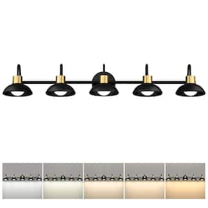 15W 5CCT LED Dimmable 40.6 in. 5 Light Black Gold Finish Bathroom Lights Over Mirror LED Vanity Light with Metal Shade
