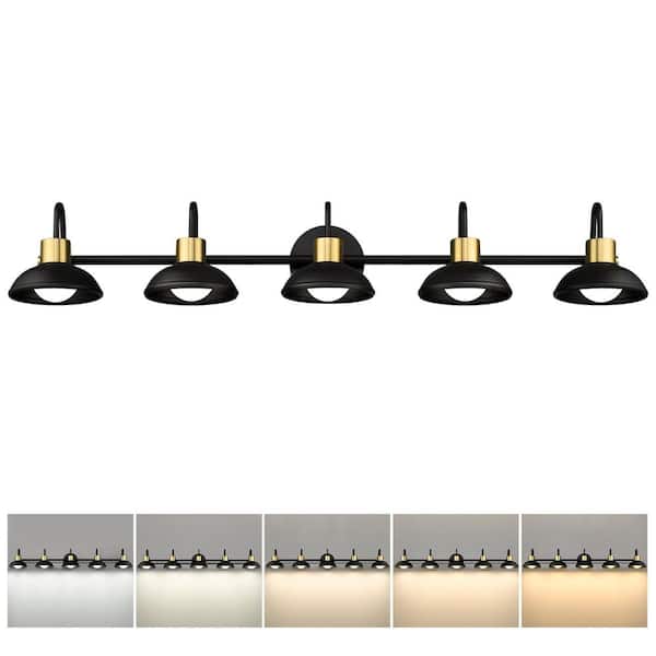 JAZAVA 15W 5CCT LED Dimmable 40.6 in. 5 Light Black Gold Finish Bathroom Lights Over Mirror LED Vanity Light with Metal Shade
