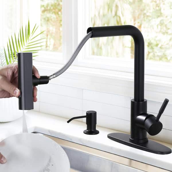 3 Modes Single Handle Waterfall Pull Down Sprayer Kitchen Faucet with Soap Dispenser in Black