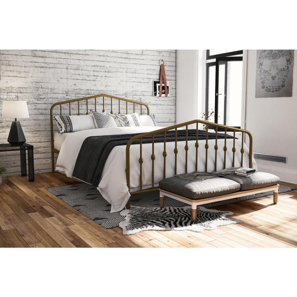 Bushwick Queen Gold Metal Platform Bed with Round Finials and Storage Drawer