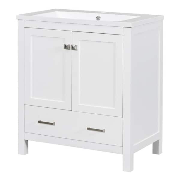 JimsMaison 30 in. W x 18 in. D x 34 in. H Single Sink Freestanding Bath Vanity in White with White Ceramic Top