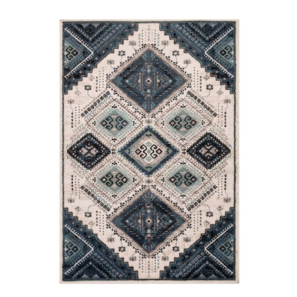 SUPERIOR Poway White/Navy 7 ft. x 9 ft. Geometric Medallion Indoor Area
