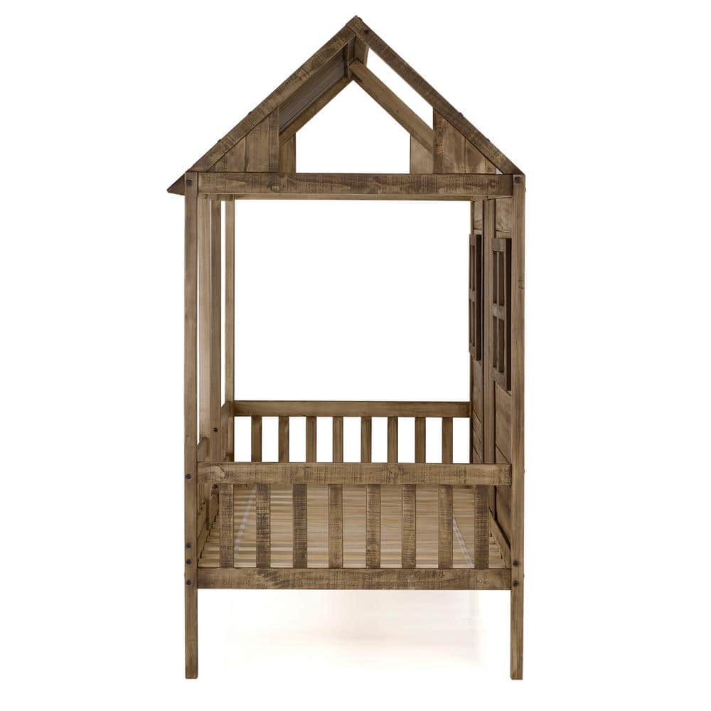 Twin Rustic Driftwood Pine Wood Low Loft Bed with Headboard