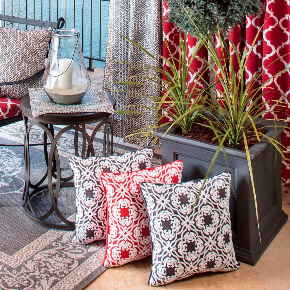 Red and White Embroidered Square Throw Pillow